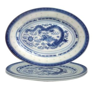 Serving Plate Set: 3 x 30cm x 21.5cm Oval Serving Plates Rice Pattern, Ceramic