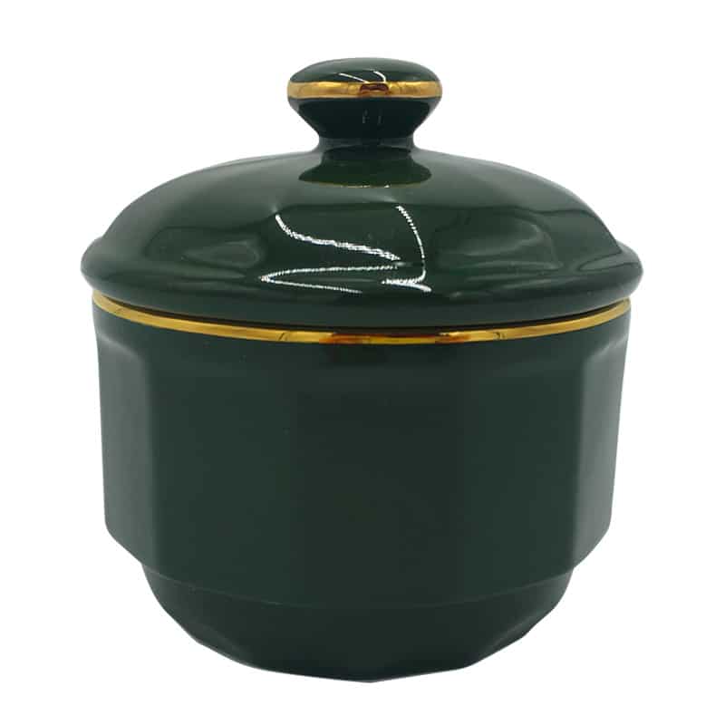 Sugar Bowl: 8.5cm Apilco Bistro Lidded Sugar Bowl, Green with Gold Band