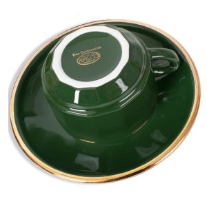 Breakfast Cup and Saucer: 1 x 280ml Apilco Bistro Breakfast Cup and Saucer, Green with Gold Band