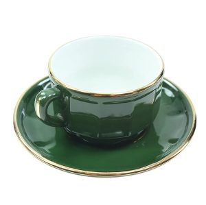 Breakfast Cup and Saucer: 1 x 280ml Apilco Bistro Breakfast Cup and Saucer, Green with Gold Band
