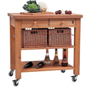 Butchers Trolley: 2 Drawer Lambourn Beech Wood Trolley with Wooden Top, Assembled