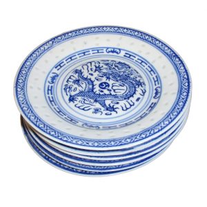 Dinner Plate Set: 6 x 25.5cm Rice Pattern Dinner Plates, Porcelain