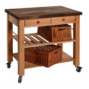 Butchers Trolley: 2 Drawer Lambourn Beech Wood Trolley with Walnut Stained Wooden Top, Assembled