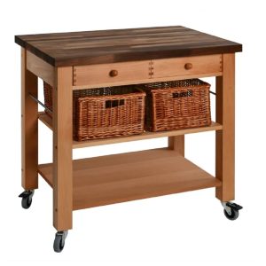 Butchers Trolley: 2 Drawer Lambourn Beech Wood Trolley with Walnut Stained Wooden Top, Assembled