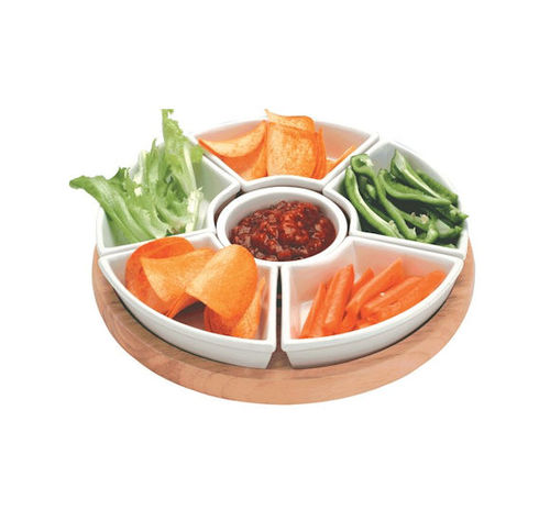 Apollo Rubber Wood Lazy Susan With Ceramic Dishes 