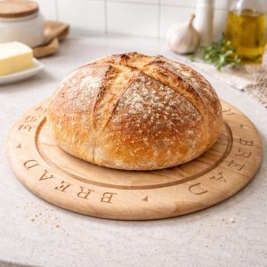 Bread Board: 31cm Round Carved Bread Board, Hevea Wood