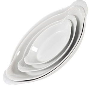 Oval Eared Dishes: Apilco Fine White French Porcelain Dishes, Sizes range from 17cm to 43cm
