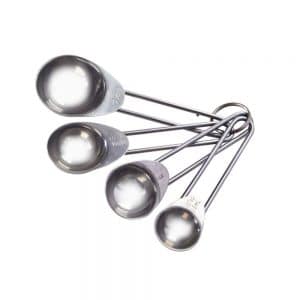Measuring Spoons: 4 Piece Stainless Steel 1 tbsp/15ml, 1 tsp/5ml, ½ tsp/2.5ml, ¼ tsp/1.25ml Measures.