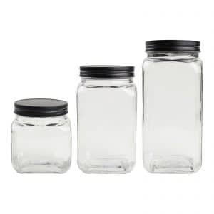 Storage Jar: Black Lid Square Glass Jar, 690ml
