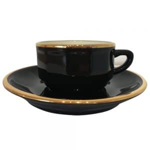 Breakfast Cup and Saucer: 1 x 280ml Apilco Bistro Breakfast Cup and Saucer, Black with Gold Band