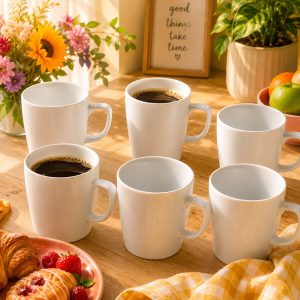 Mug Set: 6 x 12oz White Latte Mugs, Ceramic