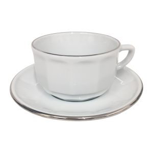 Breakfast Cup and Saucer: 1 x 280ml Apilco Bistro Breakfast Cup and Saucer, White with Platinum Band