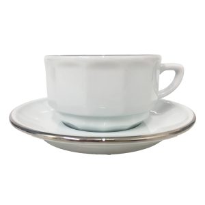 Breakfast Cup and Saucer: 1 x 280ml Apilco Bistro Breakfast Cup and Saucer, White with Platinum Band
