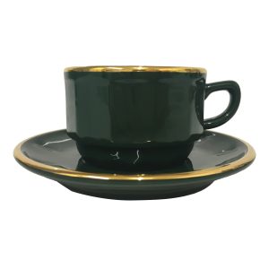 Tea Cup and Saucer: 1 x 150ml Apilco Bistro Tea Cup and Saucer, Green with Gold Band