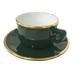 Tea Cup and Saucer: 1 x 150ml Apilco Bistro Tea Cup and Saucer, Green with Gold Band