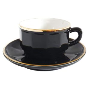 Coffee Cup and Saucer: 1 x 220ml Apilco Bistro Coffee Cup, Black with Gold Band