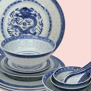 Chinese Blue Dragon Range: Traditional Chinese porcelain dinnerware.
