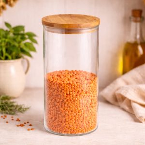 Storage Jar: Smart Airtight Stackable Glass Jar with Wooden Lid, 1.8 Litre