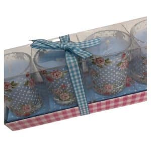 Votives: 4 x Blue Scented Candles in Glass Polka Dot and Flower Votive
