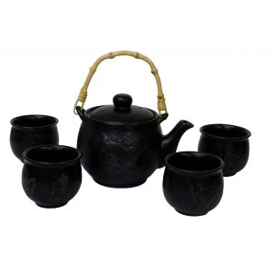 Tea Set: Chinese Herbal Etched Plum Tea Set, Black