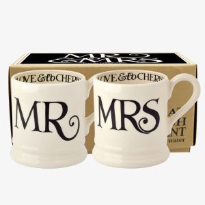Mug Set: 2 x 300ml Emma Bridgewater Black Toast Mr & Mrs 1/2 Pint Mugs, Ceramic