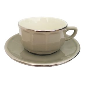 Breakfast Cup and Saucer: 1 x 280ml Apilco Bistro Breakfast Cup and Saucer, Taupe with Platinum Band