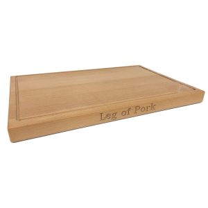 Carving Board: 45cm x 31cm x 3cm Hand Carved Board, Roast Chicken & Leg of Pork text, Beech
