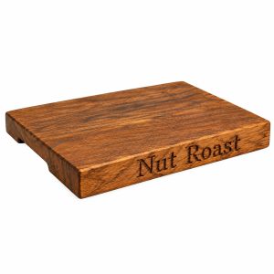 Chopping Board: 45cm x 30cm x 3cm Board, Powered by Plants & Nut Roast text, Brown Oak