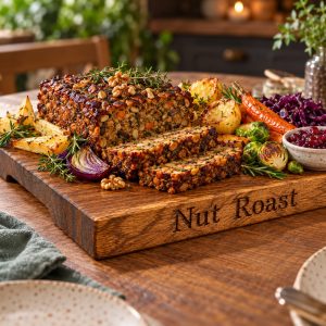 Carving Board: 45cm x 30cm x 3cm Board, Powered by Plants & Nut Roast text, Brown Oak