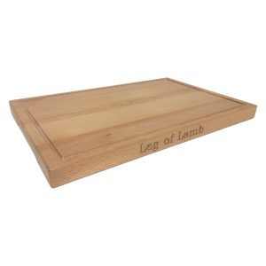 Carving Board: 45cm x 31cm x 3cm Hand Carved Board, Leg of Lamb & Rib of Beef text, Beech