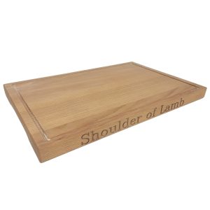 Carving Board: 45cm x 31cm x 3cm Hand Carved Board, Shoulder of Lamb & Roast Chicken text, Beech