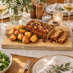 Carving Board: 45cm x 30cm x 3cm Board, Powered by Plants & Nut Roast text, Sweet Chestnut