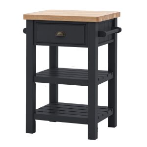 Butchers Trolley: 1 Drawer Eaton Butchers Block Dark Grey Pine with Oak Top, Self Assembly