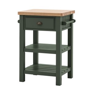 Butchers Trolley: 1 Drawer Eaton Butchers Block Moss Green Pine with Oak Top, Self Assembly