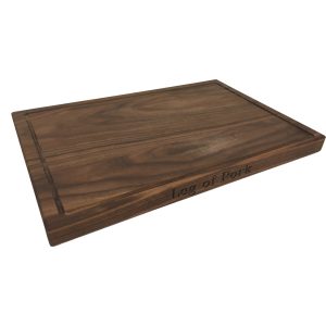 Carving Board: 45cm x 31cm x 3cm Hand Carved Board, Leg of Pork & Sunday Roast text, Black Walnut