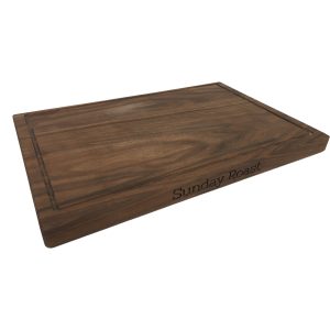 Carving Board: 45cm x 31cm x 3cm Hand Carved Board, Leg of Pork & Sunday Roast text, Black Walnut