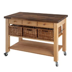 Butchers Trolley: 3 Drawer Lambourn Beech Wood Trolley with Walnut Stained Wooden Top, Assembled