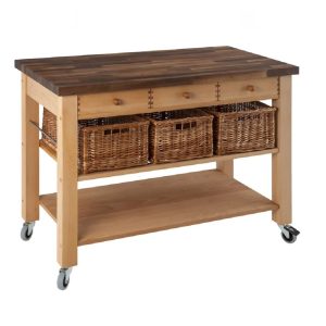 Butchers Trolley: 3 Drawer Lambourn Beech Wood Trolley with Walnut Stained Wooden Top, Assembled