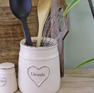 Utensil Jar: Cream Heart Embossed Utensil Jar, Ceramic