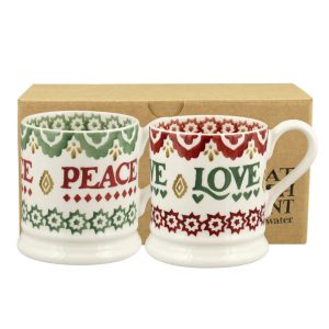 Mug Set: 2 x 300ml Emma Bridgewater Christmas Peace & Love Set, Set Of 2 Half Pint Mugs, Ceramic