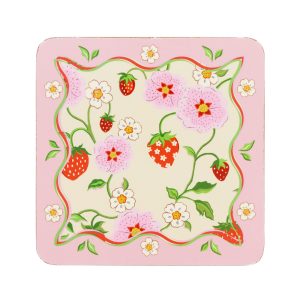 Coaster Set: 4 x Cath Kidston 10cm Strawberry Coasters, Cork Backed
