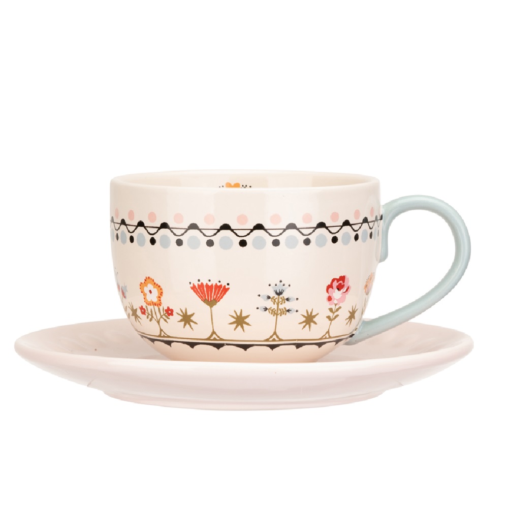 Tea Cup and Saucer: 1 x 230ml Cath Kidston Painted Table Teacup & Saucer Set, Ceramic