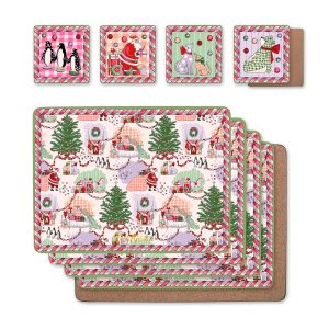 Placemat Set: 4 x Cath Kidston Christmas Ditsy Table Mats & Coasters, Cork Backed
