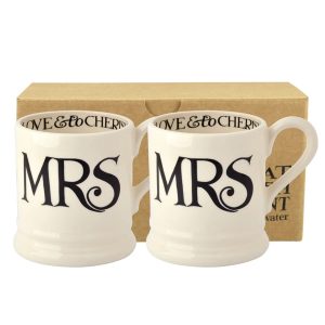 Mug Set: 2 x 300ml Emma Bridgewater Black Toast Mrs & Mrs 1/2 Pint Mugs, Ceramic