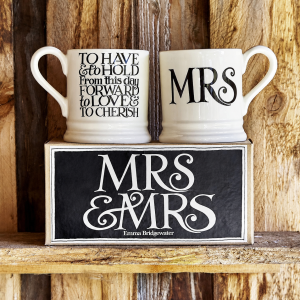 Mug Set: 2 x 300ml Emma Bridgewater Black Toast Mrs & Mrs 1/2 Pint Mugs, Ceramic