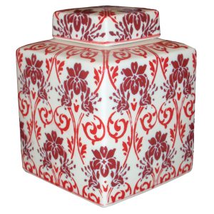 Storage Jar: 17cm Square Porcelain Floral Jar, Red