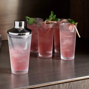 Hi Ball Glasses: 4 x 300ml Pilastro Tall Ridged Glasses, Glass