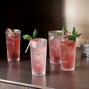 Hi Ball Glasses: 4 x 300ml Pilastro Tall Ridged Glasses, Glass