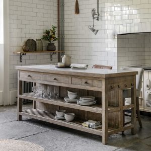 Kitchen Island: 3 Drawer Vancouver Wood, Marble and Iron Kitchen Island, Self Assembly - Top Only