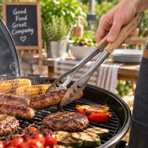 Barbecue Tool Set: 3 Piece Barbecue Tool Set, Oak and Stainless Steel